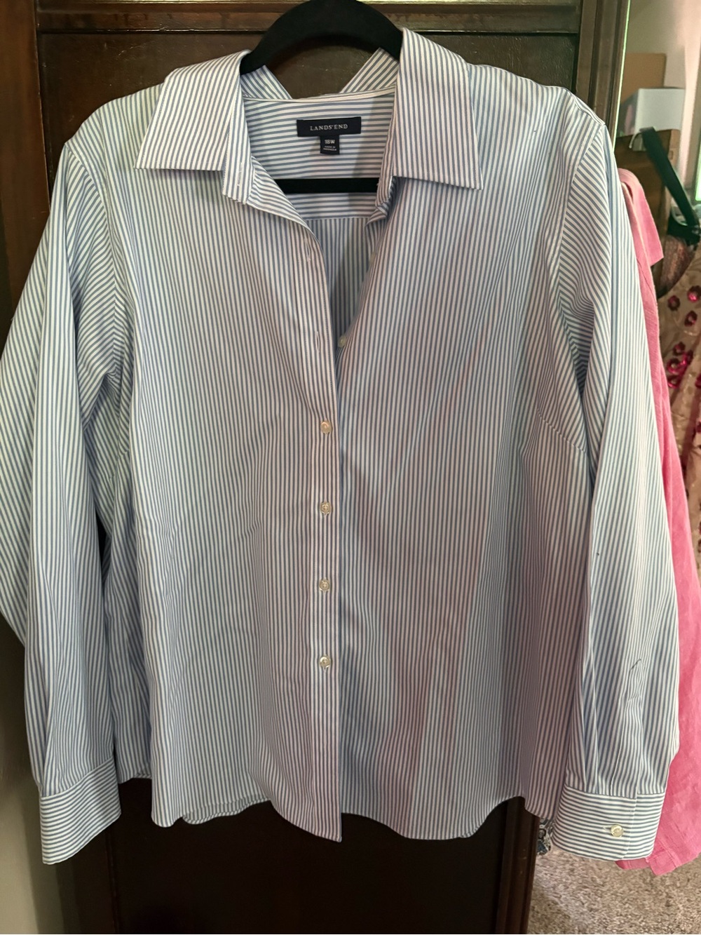 Lands' End women’s Blue and White Pinstripe Dress Shirt